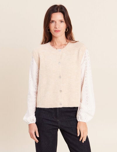 Gilet bi-mati&egrave;re col rond ivoire femme