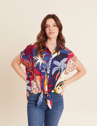 Chemise manches courtes nouée bleu femme