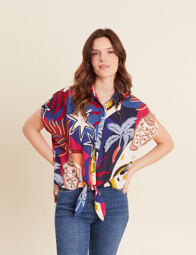 Chemise manches courtes nouée bleu femme