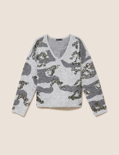 Pull col v &agrave; sequins gris femme