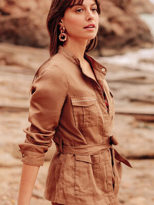 Veste droite ceinturee marron femme