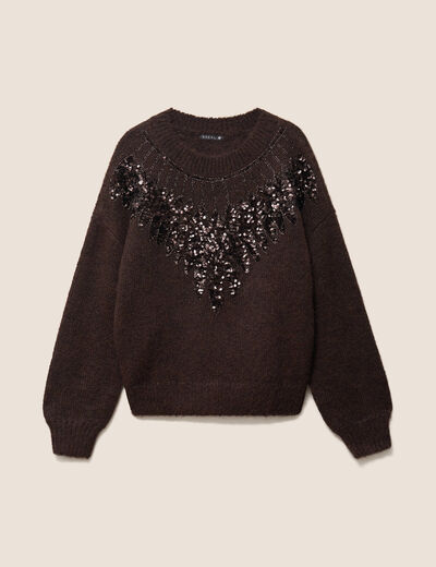 Pull col rond &agrave; sequins marron fonc&eacute; femme