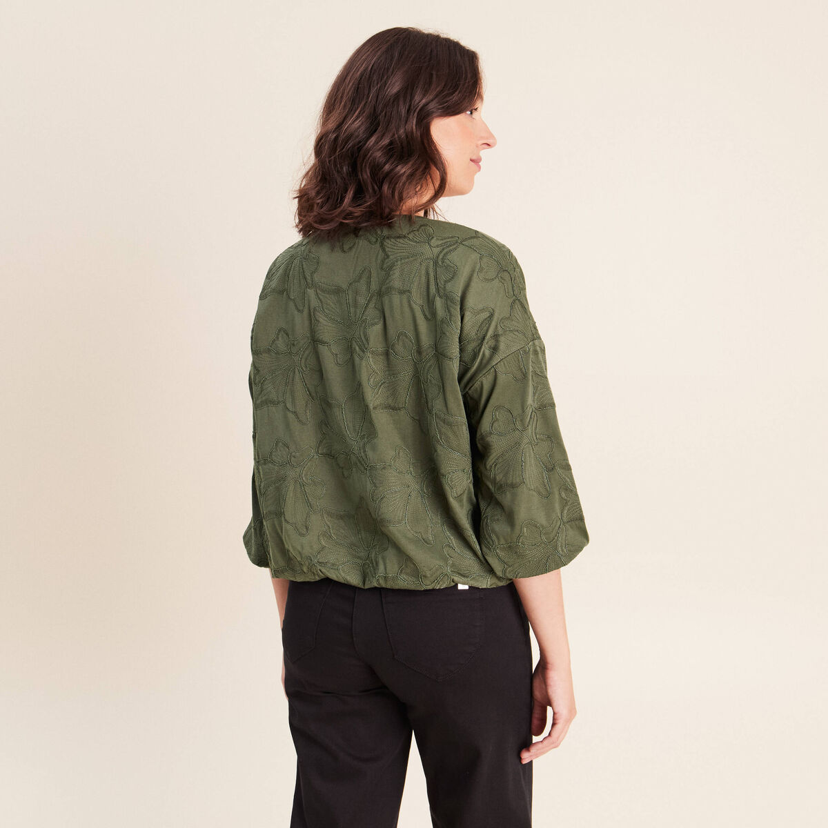 Blouse col rond manches 3/4 bas resserr&eacute; vert kaki femme