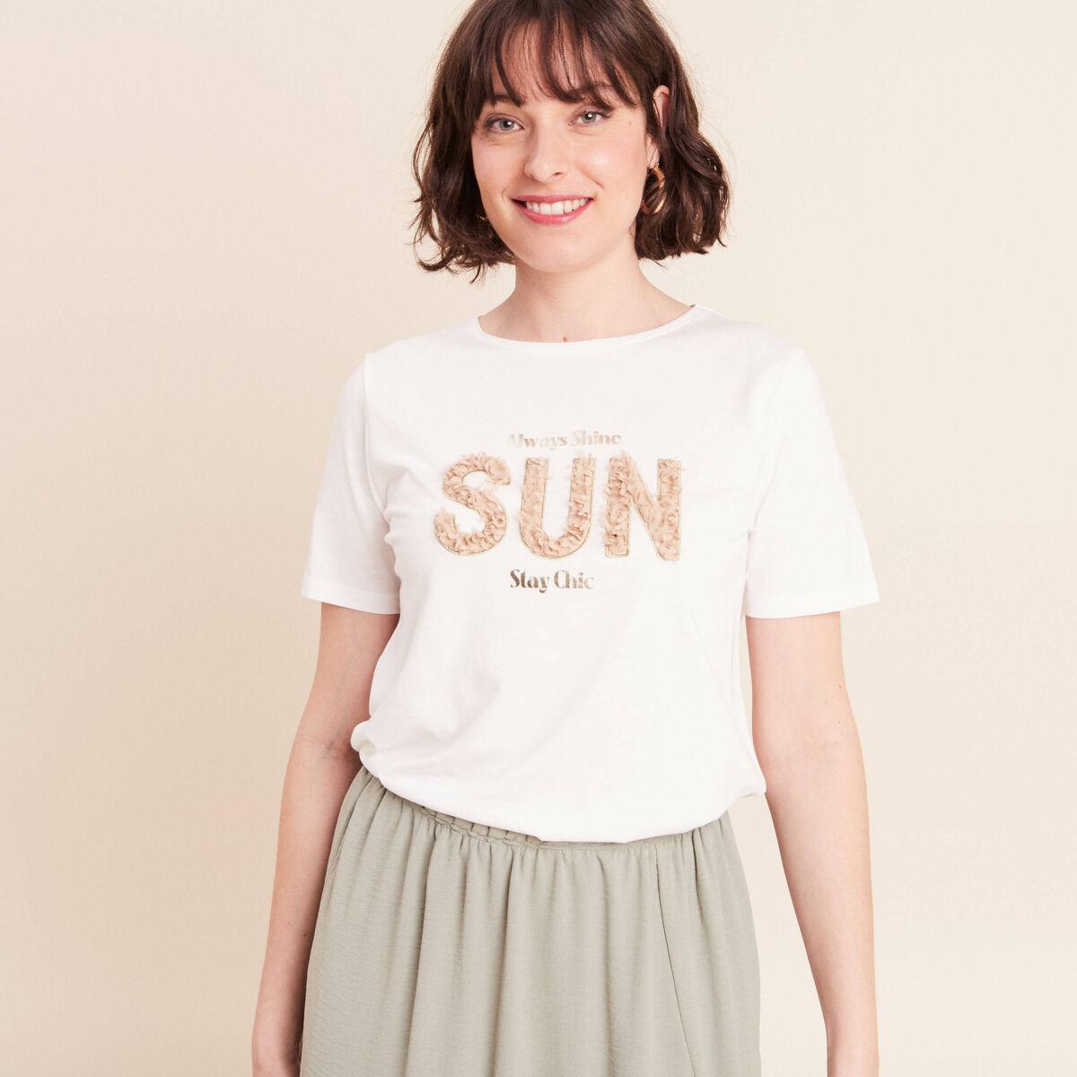 T-shirt col rond manches courtes ecru femme