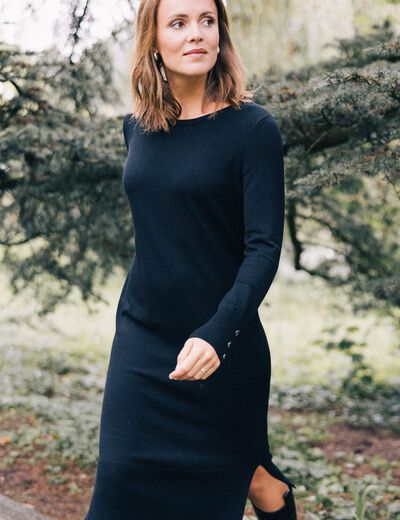 Robe tricot midi droite fendue noir femme