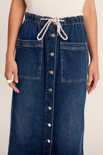 Jupe longue droite en jean denim stone femme