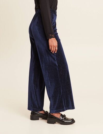 Pantalon large velours bleu foncé femme