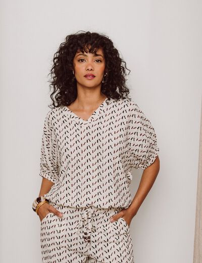T-shirt effet boule col v manches coudes blanc femme