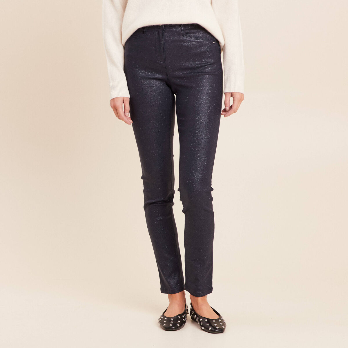 Pantalon iris&eacute; en similicuir bleu fonc&eacute; femme