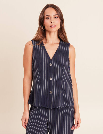 Gilet droit court sans manches col V bleu fonc&eacute; femme