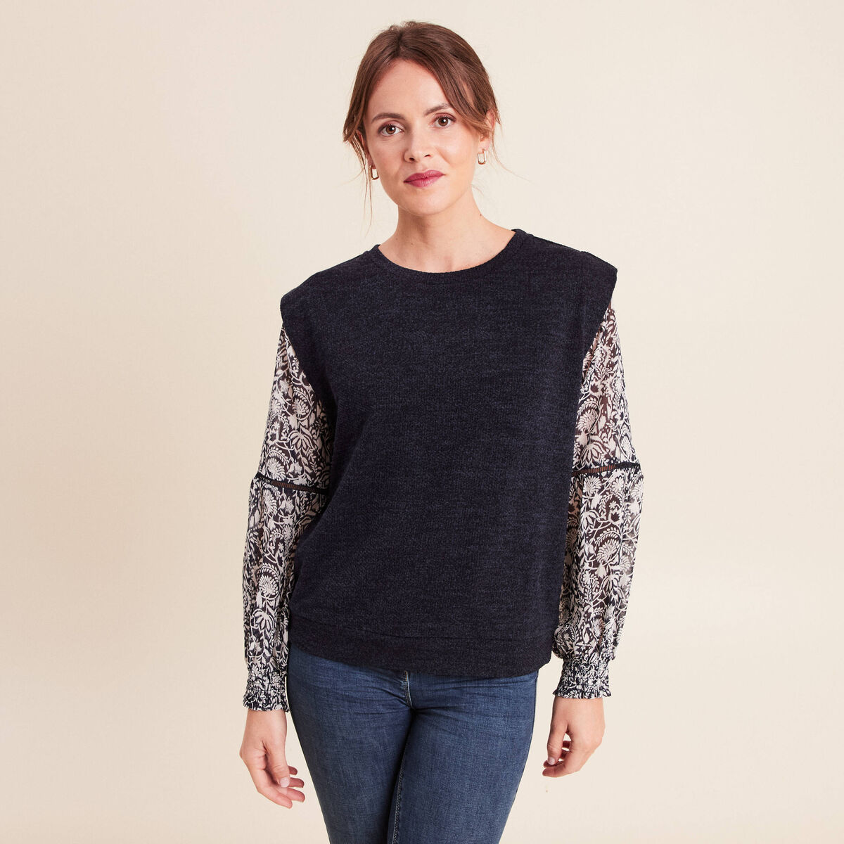 T-shirt col rond manches longues bleu femme
