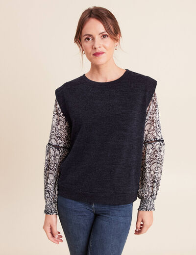 T-shirt col rond manches longues bleu femme