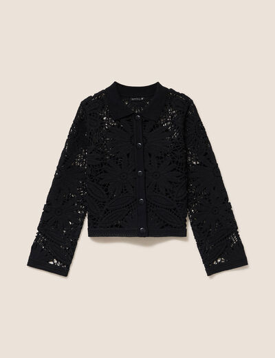 Gilet droit court col chemise dentelle noir femme
