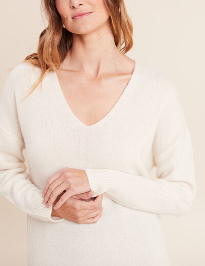 Pull en cachemire col v ecru femme