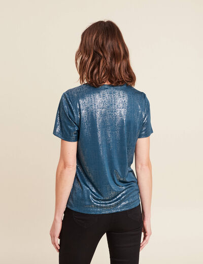 t-shirt droit court satiné col rond bleu canard femme