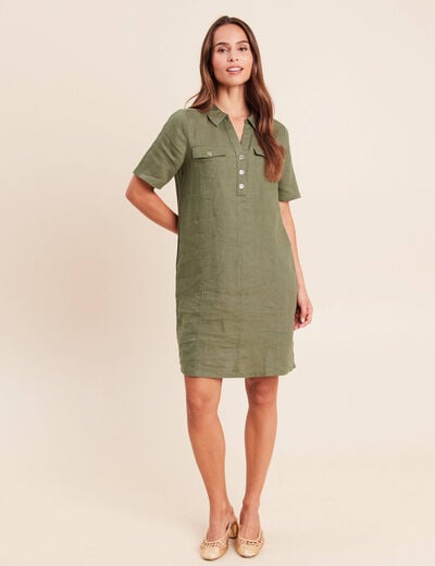 Robe droite courte col chemise vert kaki femme