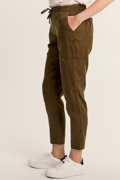 Pantalon large fluide 7/8ème vert olive femme