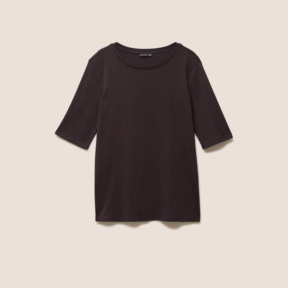 T-shirt ajust&eacute; col rond manches coudes marron fonc&eacute; femme