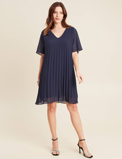 Robe droite plissée bleu marine femme