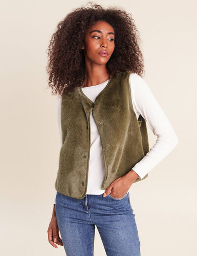 Gilet droit sans manches fausse fourrure vert kaki femme