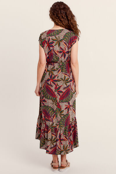 Robe longue évasée col en V multicolore femme