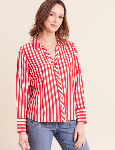 Chemise droite longue fluide col chemise rouge femme