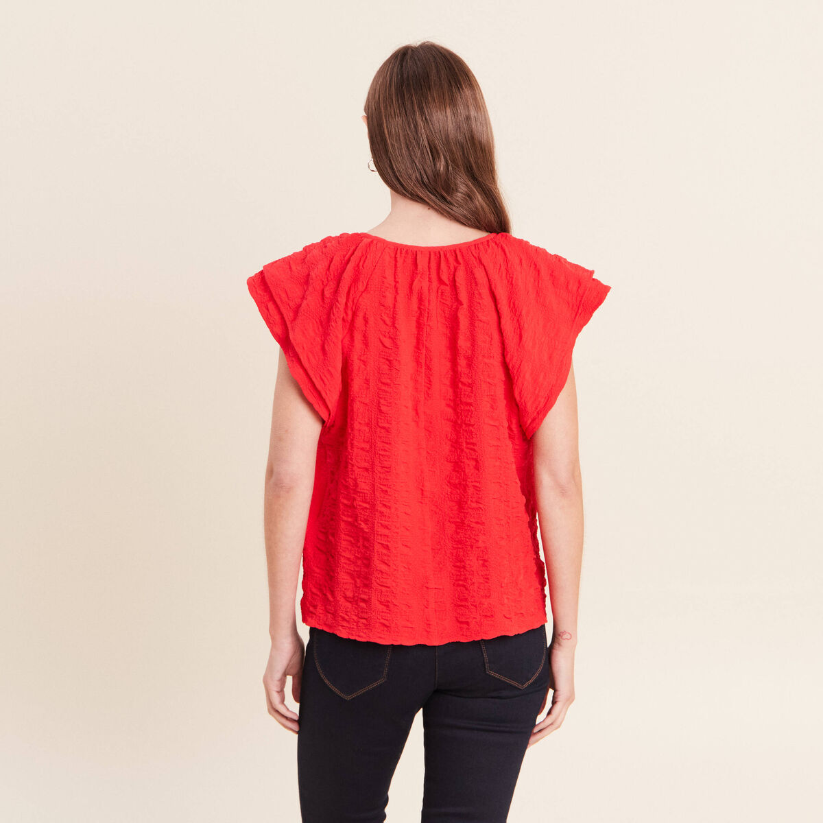 Blouse col v manches courtes fluide rouge femme