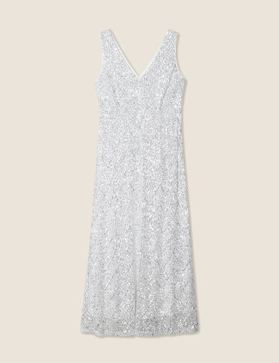 Robe longue ajustée sequins couleur argent femme