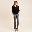 T-shirt velours col v manches 3/4 strass noir femme