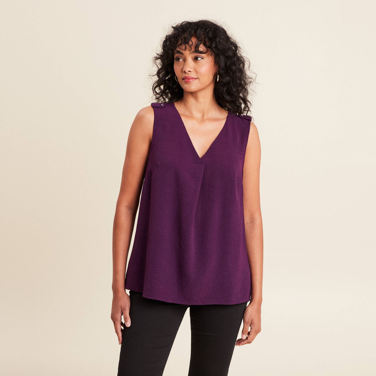 Blouse sans manches col v fluide prune femme
