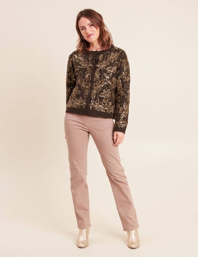 Gilet droit brod&eacute; &agrave; sequins vert kaki femme