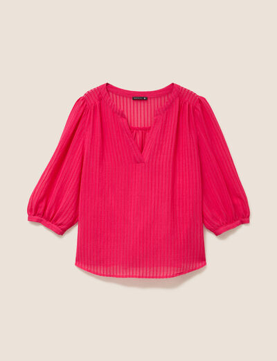 Blouse ample col tunisien manches 3/4 rose fushia femme