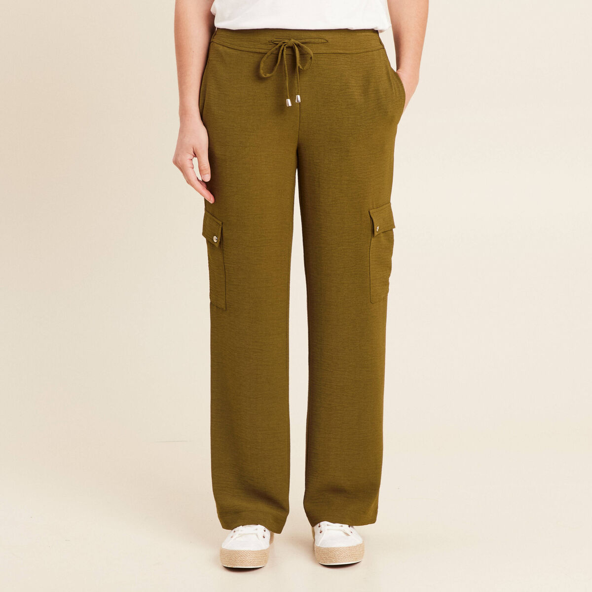 Pantalon cargo lien à nouer vert olive femme