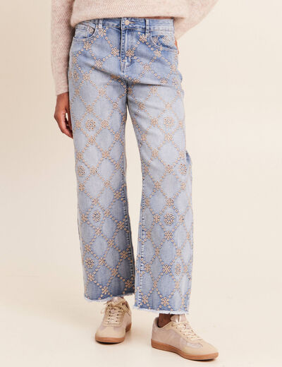 Jean taille haute avec broderie blanc femme