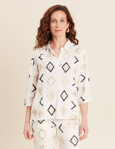 Chemise manches 3/4 brodée blanc femme