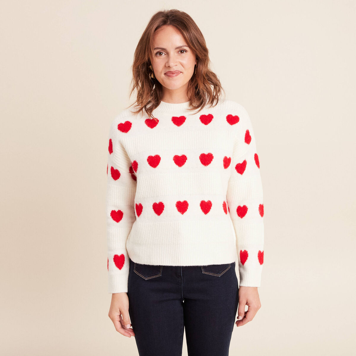 Pull col rond manches longues rouge femme