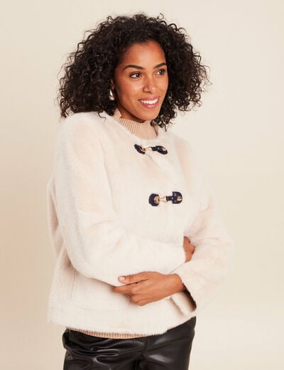 Manteau sans col en fausse fourrure ivoire femme