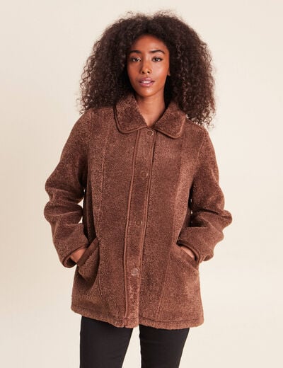 Manteau bouclette doubl&eacute; manches longues marron fonc&eacute; femme