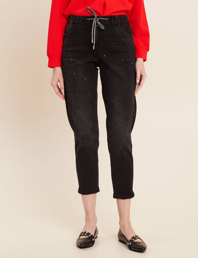 Jean jogging strass denim noir femme