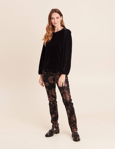 Pantalon ajust&eacute; taille haute denim noir enduit femme