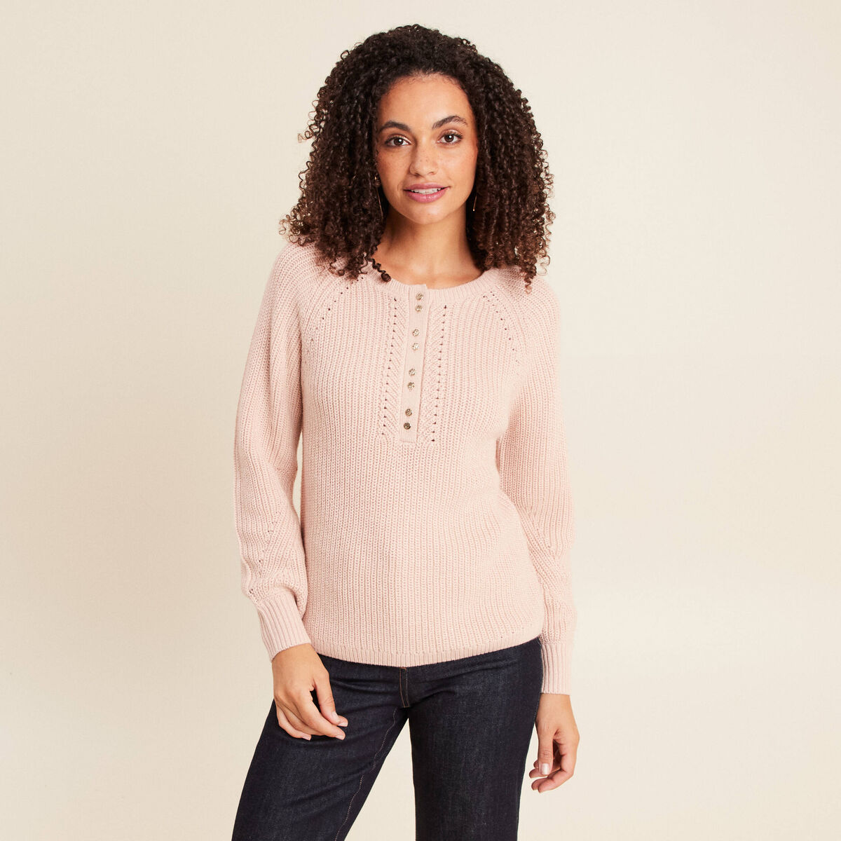Pull col tunisien manches longues vieux rose femme
