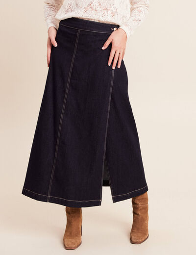 Jupe longue &eacute;vas&eacute;e en jean denim brut femme