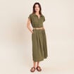 Robe patineuse 3/4 col chemise vert kaki femme