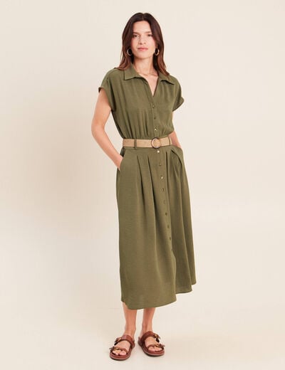 Robe patineuse 3/4 col chemise vert kaki femme