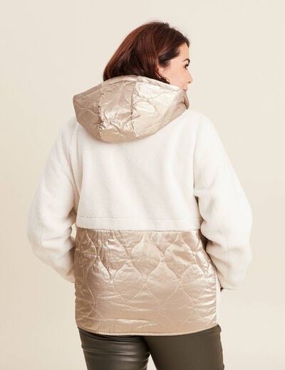 Manteau effet laine mouton &agrave; capuche ecru femme