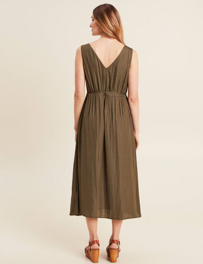 Robe midi évasée satin vert kaki femme