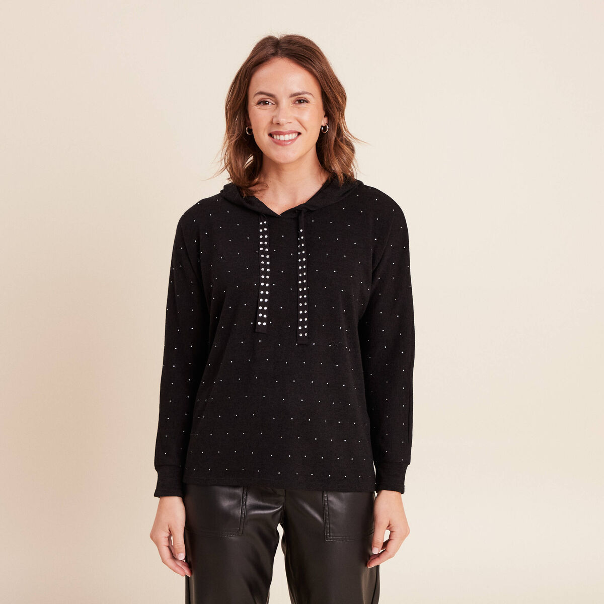 Sweat &agrave; capuche manches longues strass noir femme