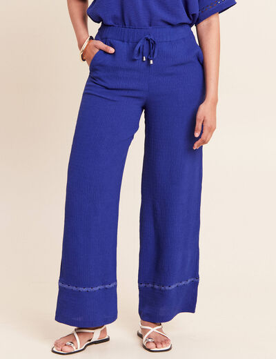 Pantalon large taille haute bleu fonc&eacute; femme