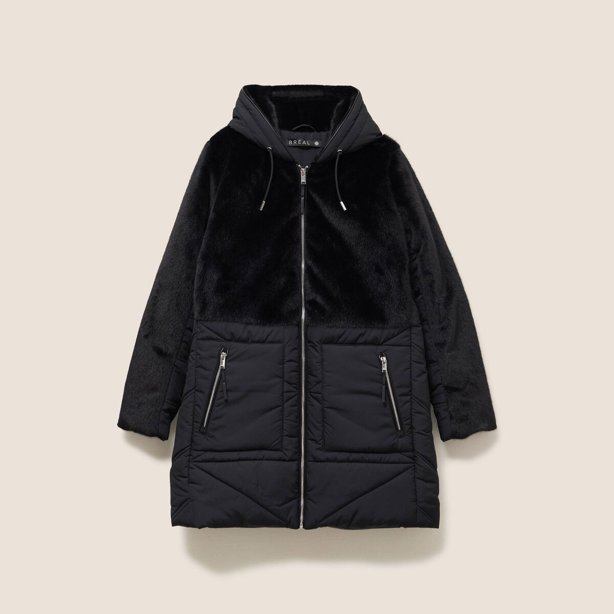 Manteau bi-mati&egrave;re cintr&eacute; mi-long noir femme