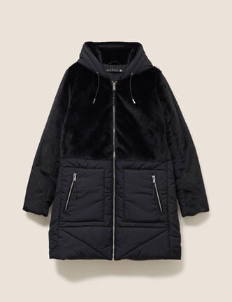 Manteau bi-mati&egrave;re cintr&eacute; mi-long noir femme